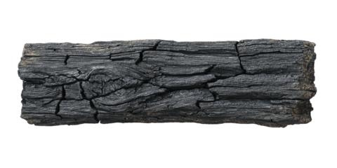 A close-up shot of a single charred piece of wood against a black background