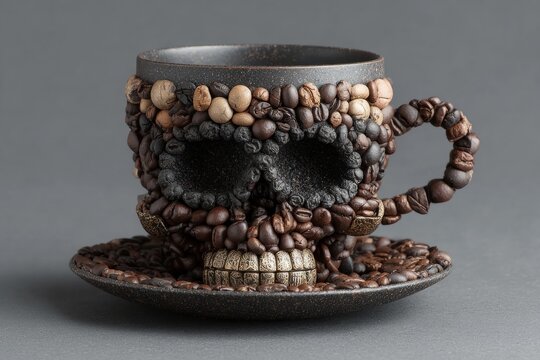 Coffee beans creating a skull design on a cup and saucer