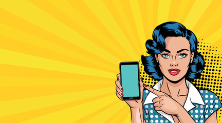 A woman with a blank smartphone screen and dark hair. Bright vector background in a retro comic pop art style.