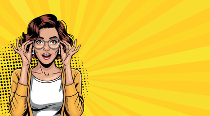 A beautiful, surprised woman lowers her glasses. Colorful vector background in a retro comic pop art style.