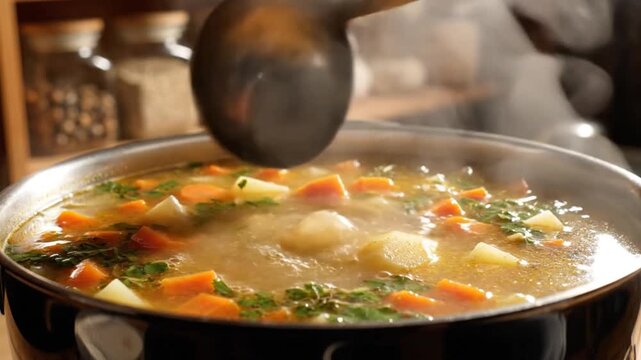 Fresh vegetable soup simmering in a pot on a stove, with herbs and spices visible in the background