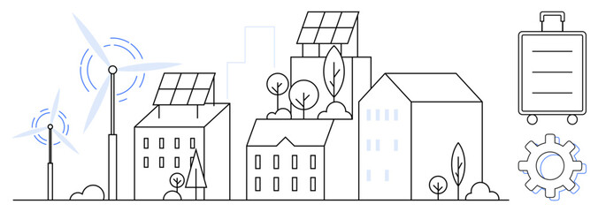 Fototapeta premium Urban skyline with solar panels, wind turbines, trees, and a battery symbolizing clean energy. Ideal for renewable energy, eco-innovation, city planning, sustainability, modern technology