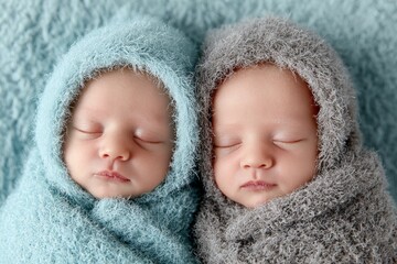 Newborn twin infants sleeping side by side, swaddled in soft blue and gray blankets