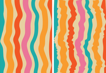 Abstract retro wavy lines pattern with orange pink and turquoise on beige background