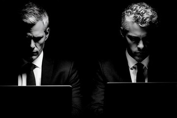 Two serious businessmen working on laptops, facing challenges in a dark, concealed setting