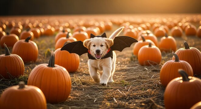 Golden Retriever Puppy in Bat Costume Amidst Pumpkins at Sunset - Powered by Adobe