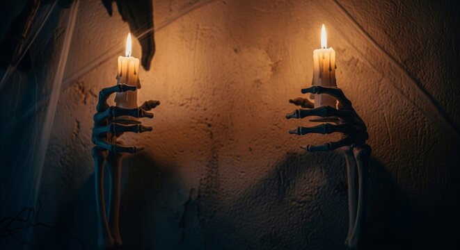 Spooky Halloween Decoration with Skeletal Hands Holding Burning Candles on Textured Wall