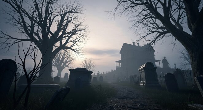 Gloomy Cemetery Landscape with Bare Trees and Distant Haunted House in Overcast Weather