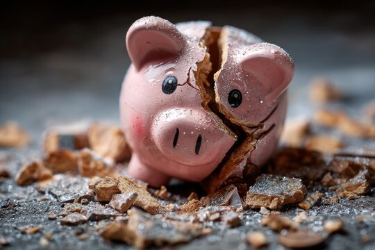 Shattered piggy bank representing financial collapse, debt, and lost savings - Powered by Adobe