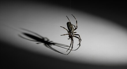 Dramatic Macro Shot of a Spider with Long Legs and Shadow in Dark Environment