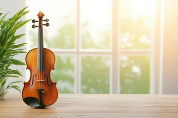Elegant violin on a wooden table with green plant against bright window background, soft light and calming atmosphere