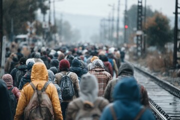 Crowd of refugees moving along railroad tracks in the rain, symbolizing displacement and journey