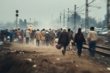 People migrating for survival, carrying belongings along railway lines under an overcast sky