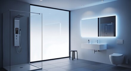 Serene Minimalist Bathroom with Cool Blue Ambient Light from an Illuminated Wall and LED Mirror.
