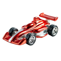 A red toy race car with a silver body and black wheels