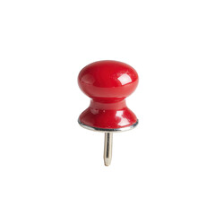 A red button with a silver top is sitting on a white background