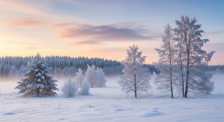 Winter Wonderland Landscape with Snow Covered Trees and Foggy Field at Sunset