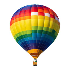 Fototapeta premium A colorful hot air balloon with rainbow pattern isolated on transparent background is flying in the sky