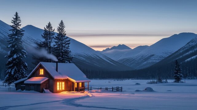 Snow Covered Cabin with Lit Windows at Dusk Mountain Backdrop and Pine Trees Landscape in Winter
