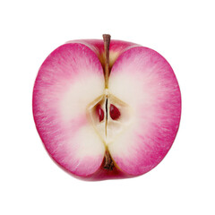 A pink apple with a stem is cut in half