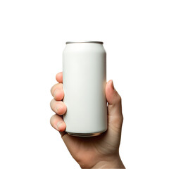A hand holding blank white soda can