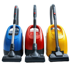 Three canister vacuum cleaners in blue red and yellow on black background transparent background, png