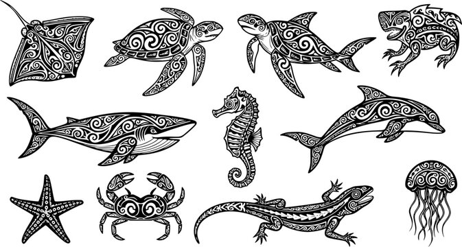 Polynesian tribal animal tattoos. Maori style ocean creatures as stingray, sea turtle, shark, whale, dolphin, crab, starfish, seahorse and jellyfish. Lizard ethnic ink art vector set