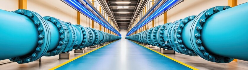 Industrial Water Pipeline with Blue Tubes and Modern Facility Interior Design, Symmetrical Perspective View of Infrastructure