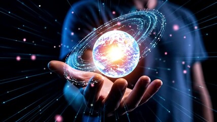 Human hand holding a glowing digital globe surrounded by abstract network connections symbolizing global communication, technology, innovation, and connectivity, generative AI - Powered by Adobe