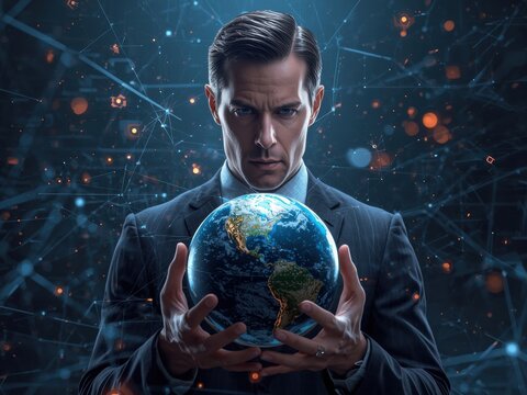 Powerful businessman holding Earth globe with digital network overlay for global impact