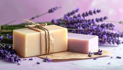 Handmade Natural Lavender Soap Bars with Fresh Flowers.