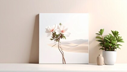 Square canvas art mockup with delicate floral painting in a bright room.