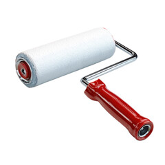 A red and white roller brush with a silver handle