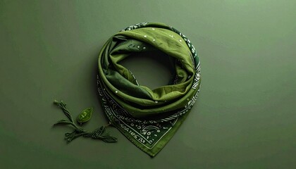 Elegant green patterned silk scarf on a monochromatic background.