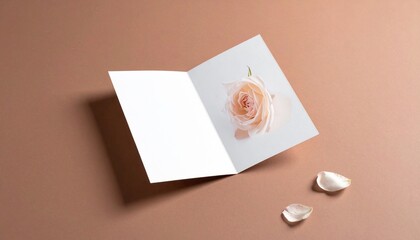 Open Greeting Card Mockup with Flower on Brown Background.