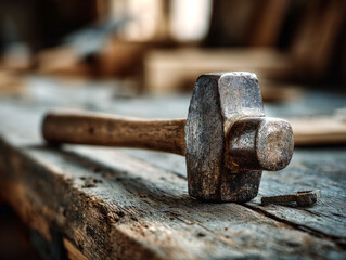 Vintage wooden hammer on rustic table in antique tools heritage atmosphere