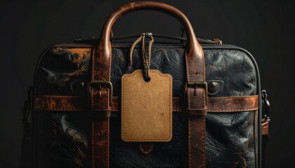 Vintage Leather Travel Bag with Blank Luggage Tag.