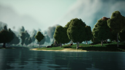 Fototapeta premium A tranquil scene unfolds with gentle waves lapping against the shore. Green trees line the waters edge, creating a peaceful atmosphere under a bright sky filled with soft clouds.