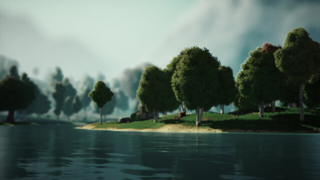 A tranquil scene unfolds with gentle waves lapping against the shore. Green trees line the waters edge, creating a peaceful atmosphere under a bright sky filled with soft clouds.