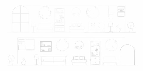 Minimalist line drawing of interior design elements featuring furniture and decor in a clean white aesthetic
