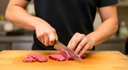 Chef cutting raw beef meat on wooden board in kitchen for cooking food