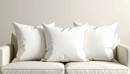 Three Blank White Pillows on a Comfortable Sofa Mockup.