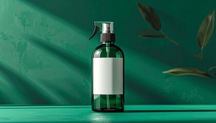 Green Glass Spray Bottle with Blank Label for Product Mockup.