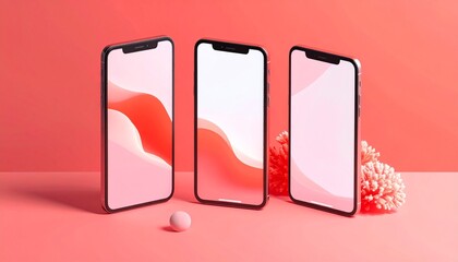 Three Modern Smartphones with Blank Screens on a Pink Background.