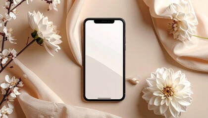 Elegant Smartphone Mockup with White Flowers on Silk Fabric.