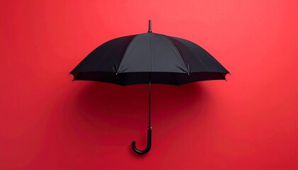 Classic black umbrella open on a vibrant red background.