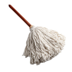 A white mop with a wooden handle