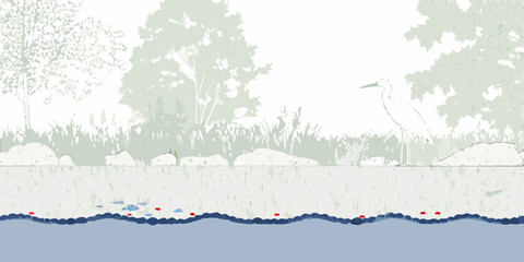 Stylized illustration of a heron standing by a pond with fish and aquatic plants