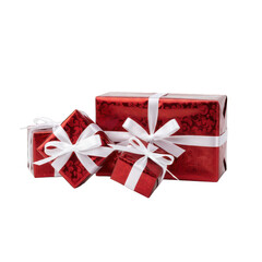 Festive Red Gift Boxes with White Ribbons on Black Background Still Life