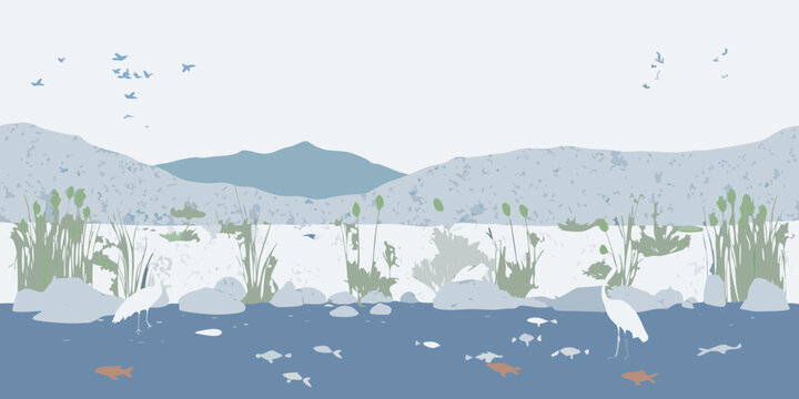 Serene natural landscape with mountains a lake reeds wading birds and fish swimming in the water